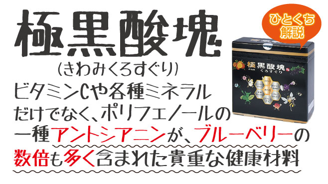 黒酸塊(くろすぐり)には、ビタミンCや各種ミネラルだけでなく、ポリフェノールの一種アントシアニンが、ブルーベリーの数倍も多く含まれた貴重な健康材料です。